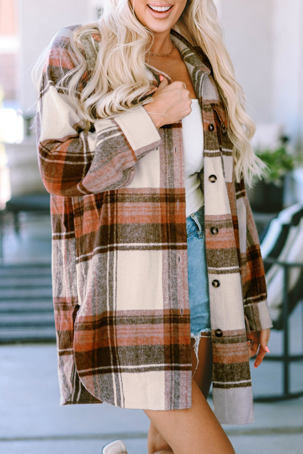 Brown Plaid Print Flap Pockets Long Shacket