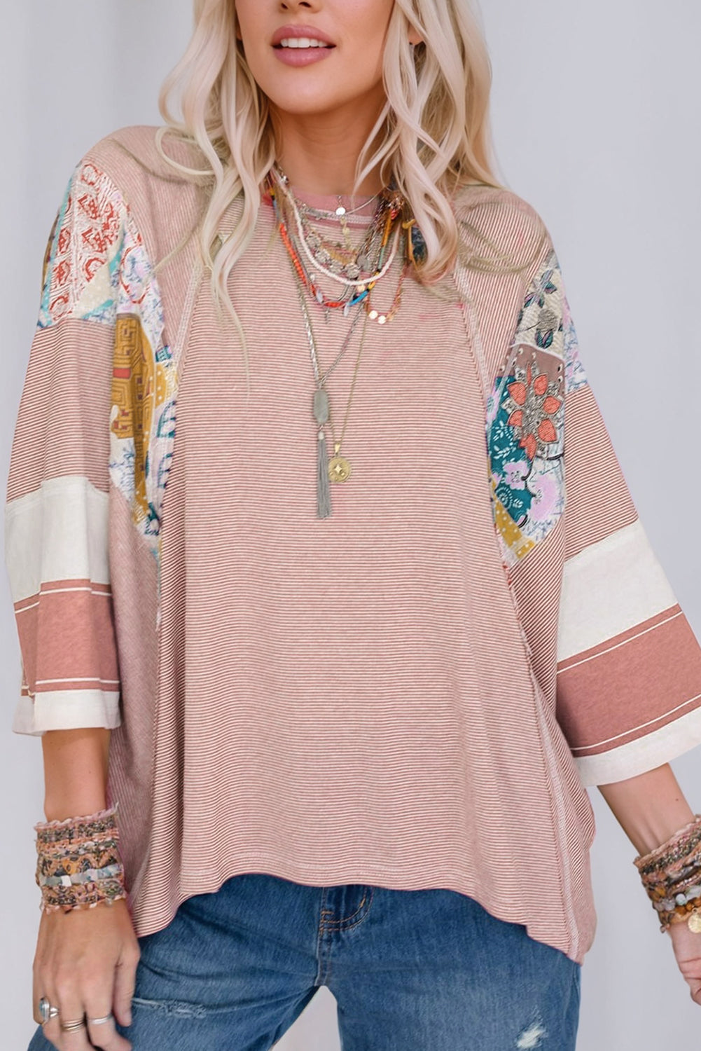 Sky Blue Striped and Floral Patchwork Oversized Top