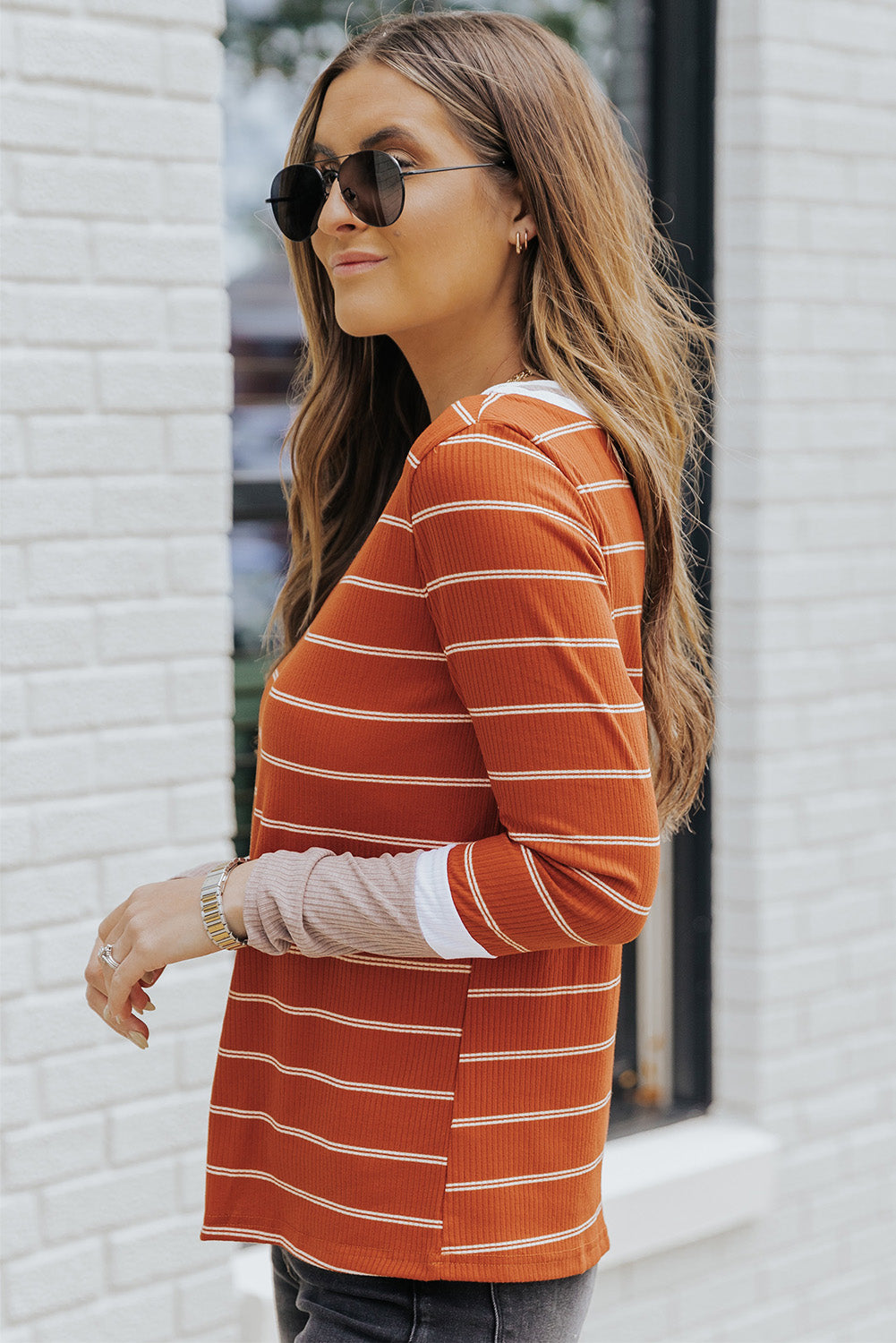 Dark Blue Striped Spliced Color Block Rib Knit Top