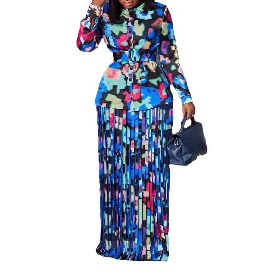 Autumn And Winter Printing Large Swing Buckling Skirt Suit