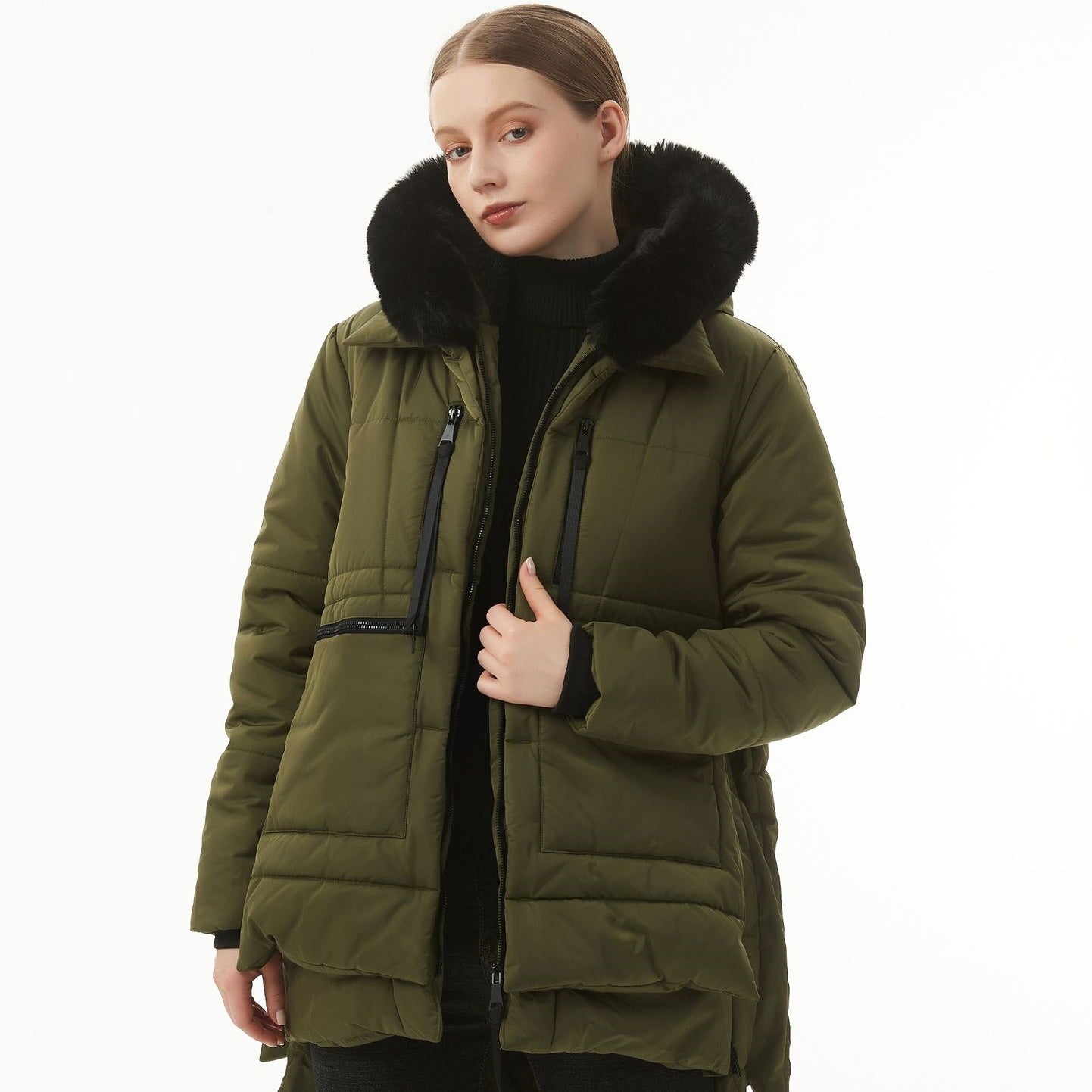 Manteau décontracté à capuche mi-long en coton rembourré pour femme