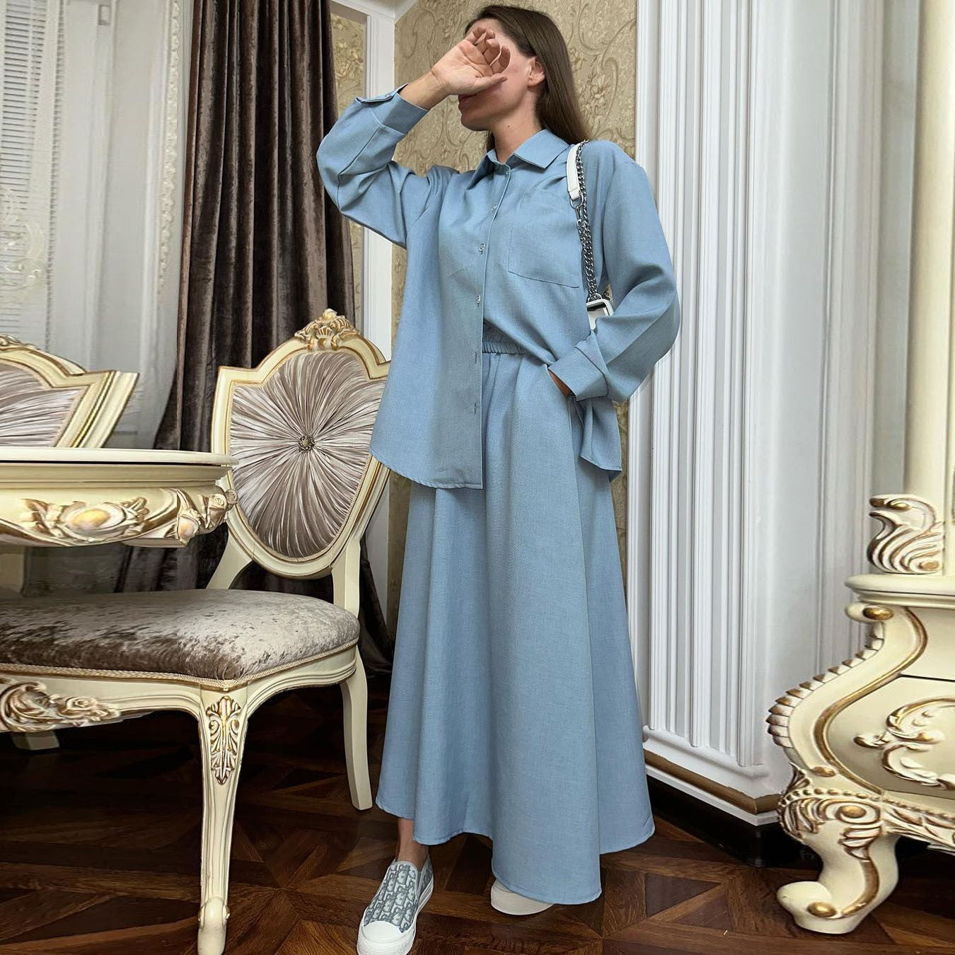 Women's Loose Long Sleeve Shirt Skirt Suit