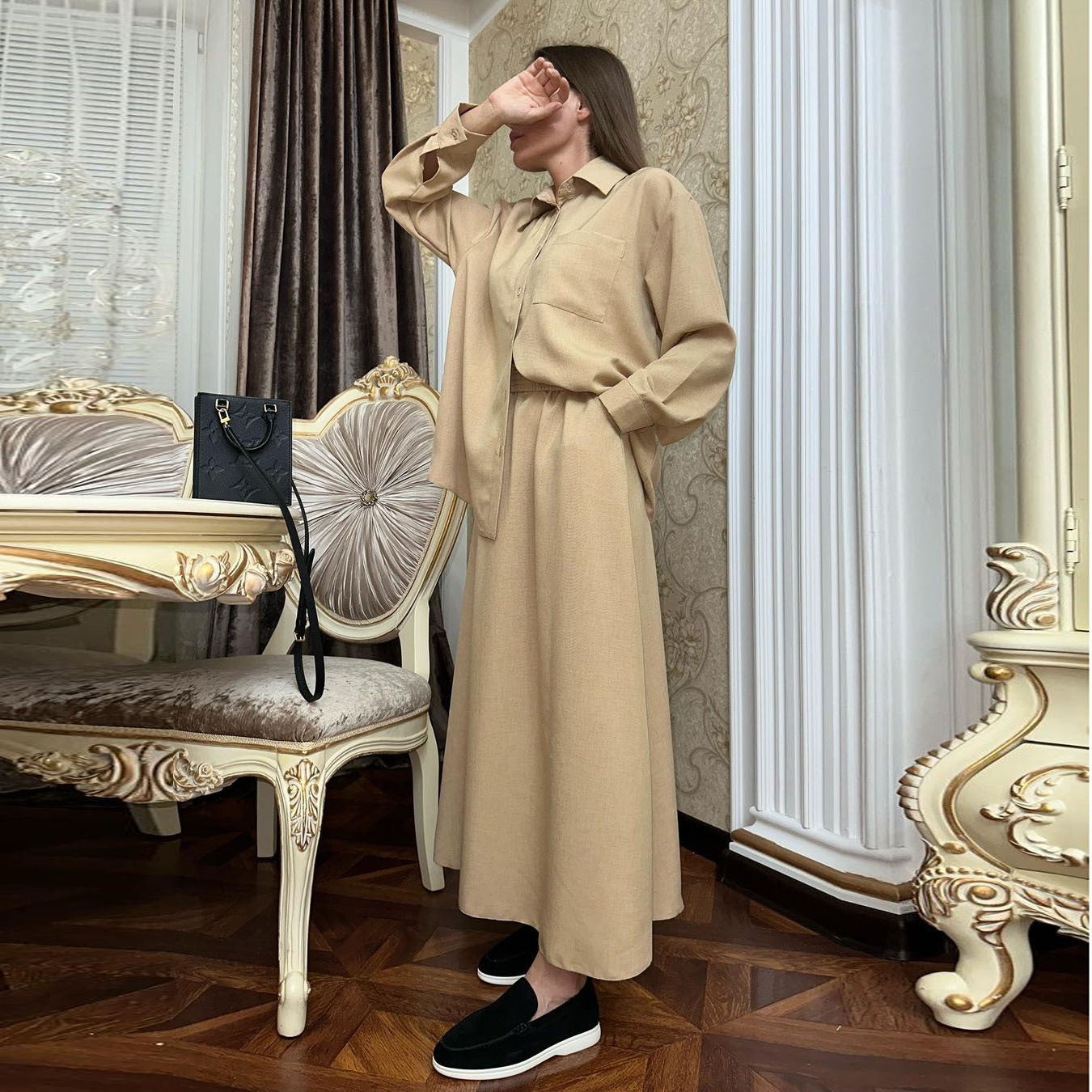 Women's Loose Long Sleeve Shirt Skirt Suit