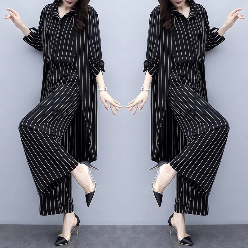 Plus Size Women's Loose Black Striped Cardigan Two-piece Set