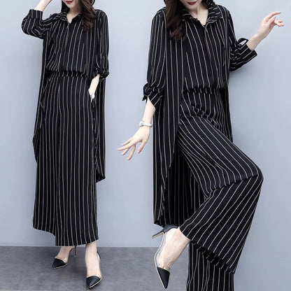 Plus Size Women's Loose Black Striped Cardigan Two-piece Set