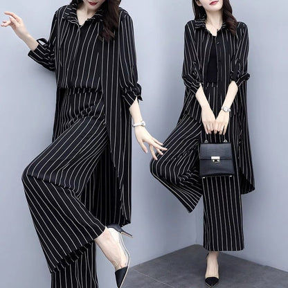 Plus Size Women's Loose Black Striped Cardigan Two-piece Set