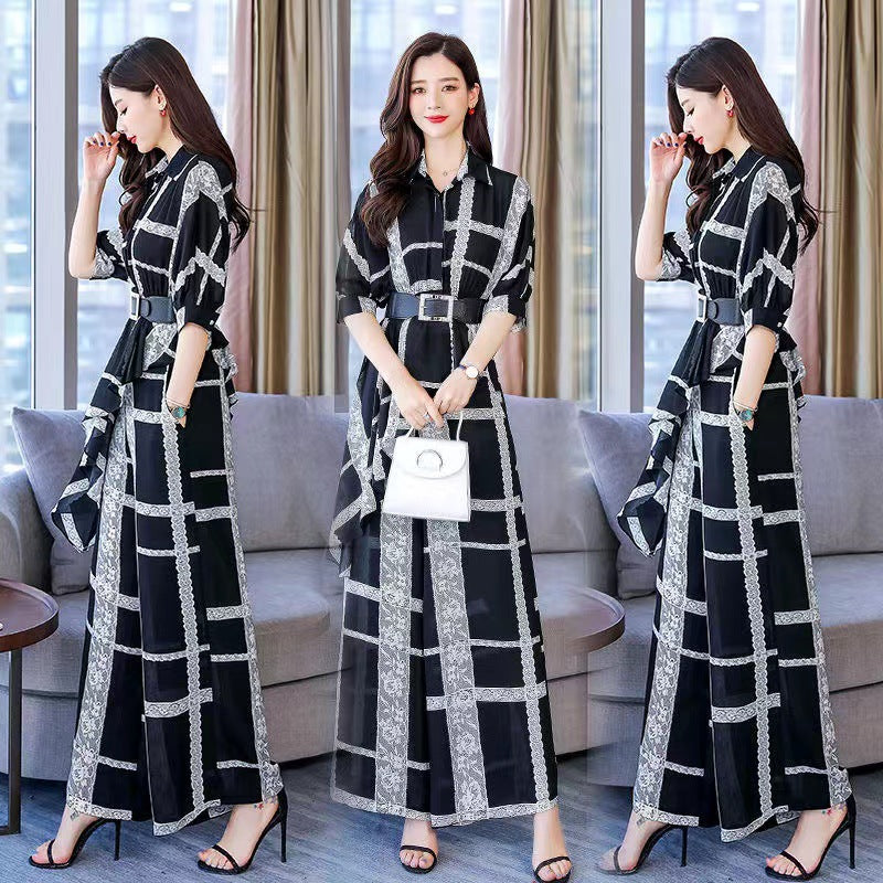 Women's Irregular Hem Shirt Chiffon Wide Leg Pants Suit