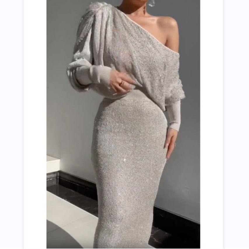 Popular Gray Diagonal Knitted Suit Two-piece Set