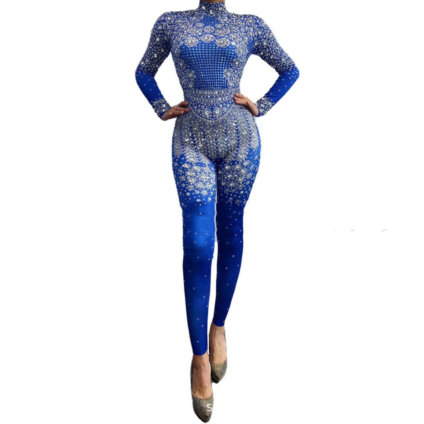 Women's Full Diamond Blue Printing Long Sleeve Jumpsuit