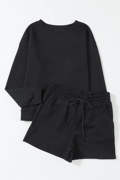 Ensemble haut texturé noir à manches longues et short à cordon de serrage