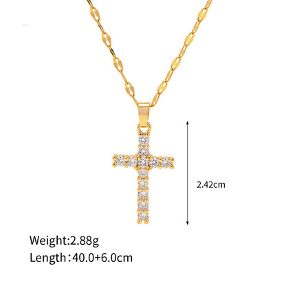 18K Gold Exquisite Simple Inlaid White Zircon Cross Design Versatile Pendant Necklace