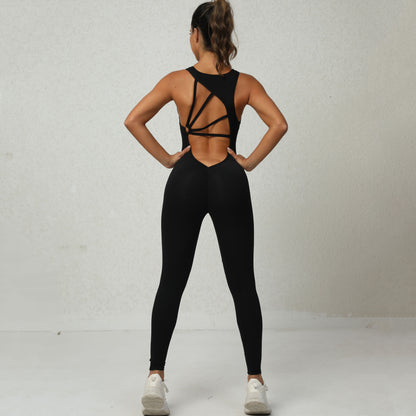 Yoga Jumpsuit V-shaped Back Design Sleeveless Fitness Running Sportswear Stretch Tights Pants For Womens Clothing