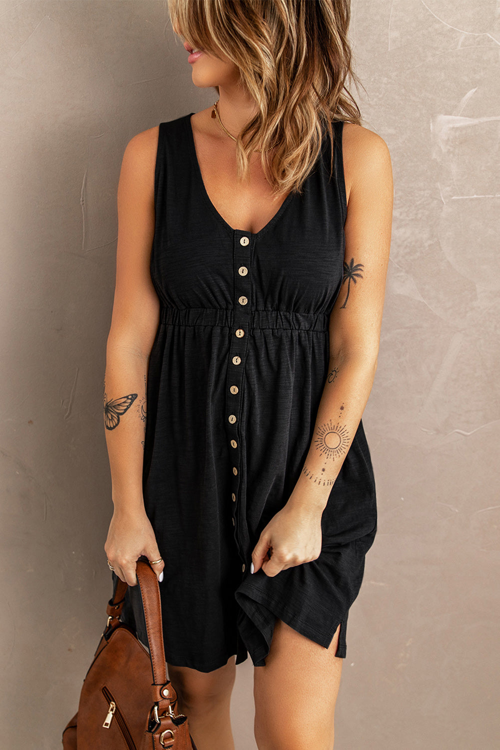 Button Front Shirred Waist Casual Tank Summer Black Dress