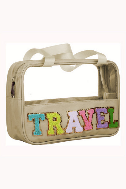 Trousse de maquillage en PVC transparent avec lettre chenille TRAVEL vert menthe