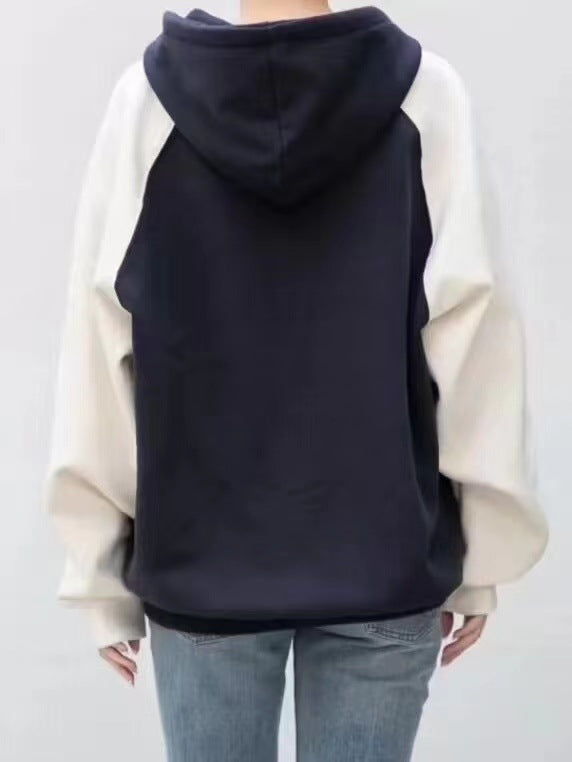 Navy Blue Beige Raglan Sleeve Multicolor Hoodie Coat