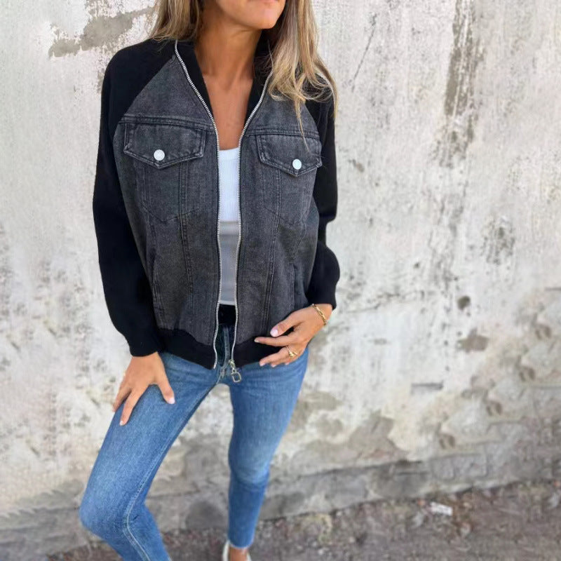 Mode Denim Patchwork veste décontractée à capuche veste à glissière vêtements pour femmes