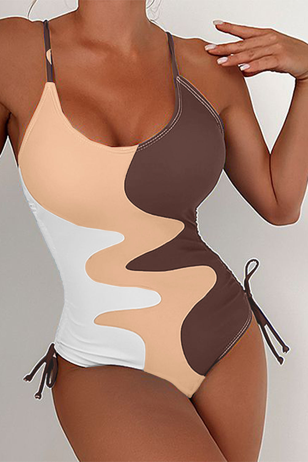 Khaki Color Block Drawstring Sides One Piece Swimsuit