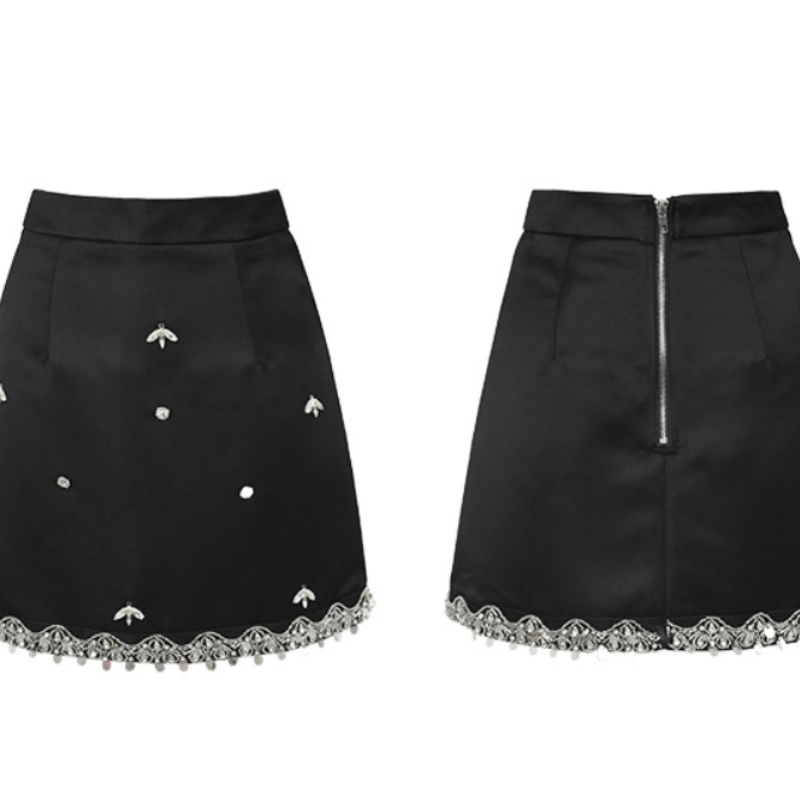 Autumn New Diamond Inlaid Short Top Long Sleeve Black Skirt