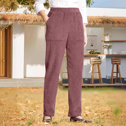 Pantalon décontracté droit rayé à taille élastique de couleur pure pour femme