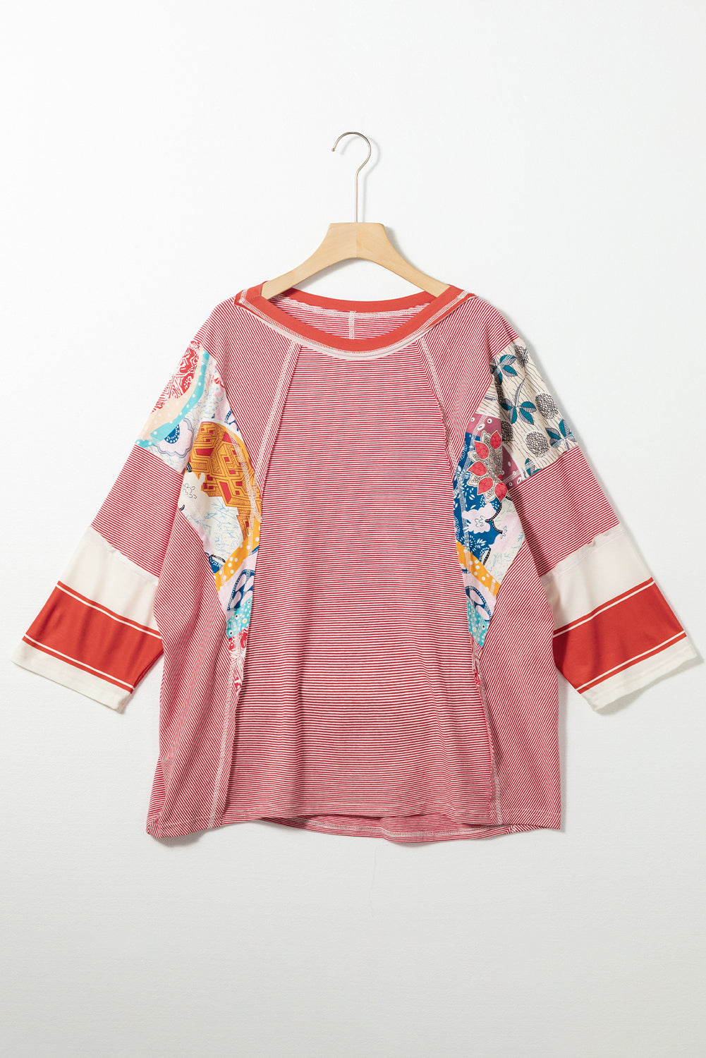 Himmelblaues, gestreiftes und florales Patchwork-Oversize-Top