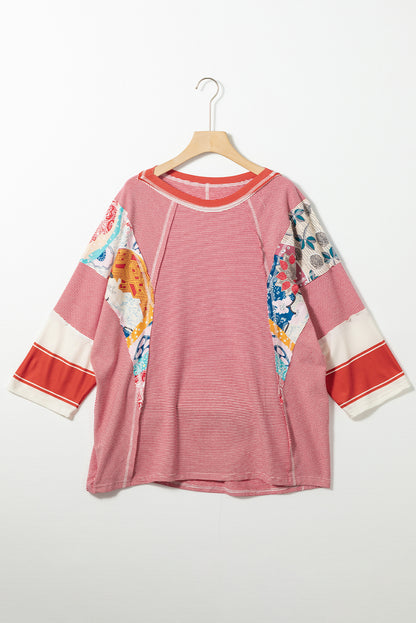 Himmelblaues, gestreiftes und florales Patchwork-Oversize-Top