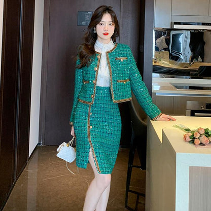 Élégant manteau en tweed vert, tailleur jupe fourreau irrégulière