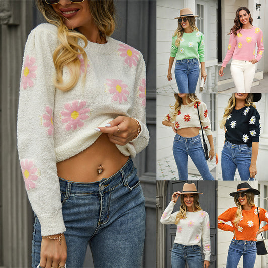 Pull en tricot imprimé Floral à la mode, col rond, hauts pull pour femmes