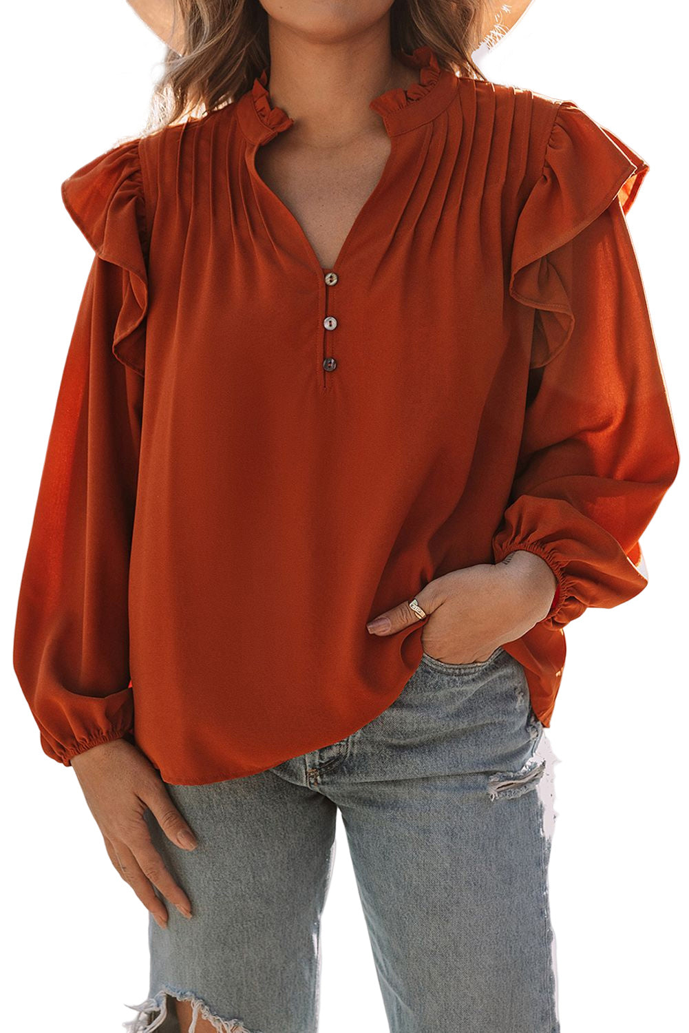 Blouse orange plissée à volants et boutonnée à col en V