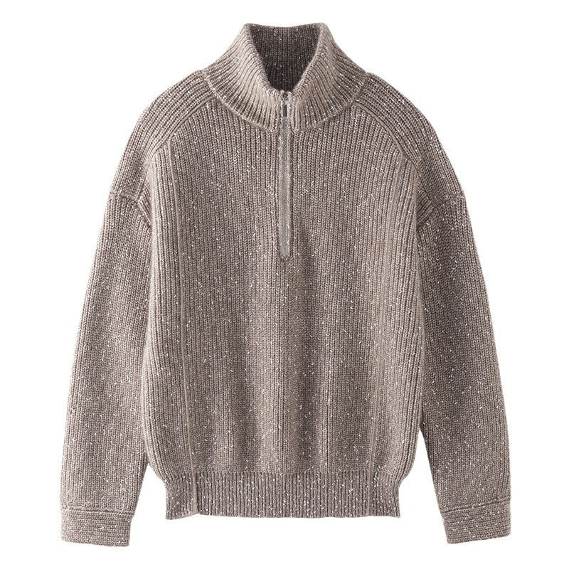 Pull en cachemire à col montant en tissu arabesque épais à cinq brins pour femme, chemise ample et inactive à col semi-ouvert pour automne et hiver