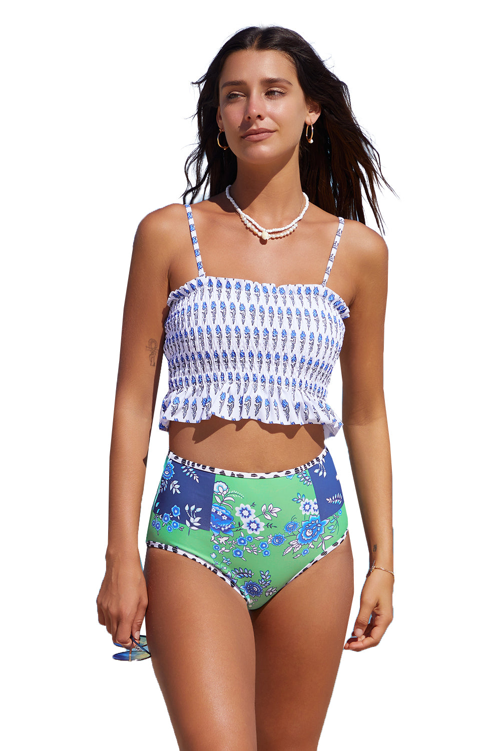 White Printed Smocked High waisted swimsuits