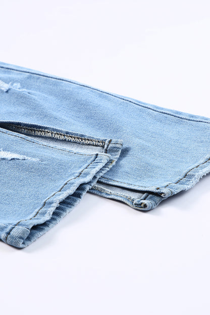 Himmelblaue, seitliche Schlitze, zerrissene Jeans mit geradem Bein und hoher Taille