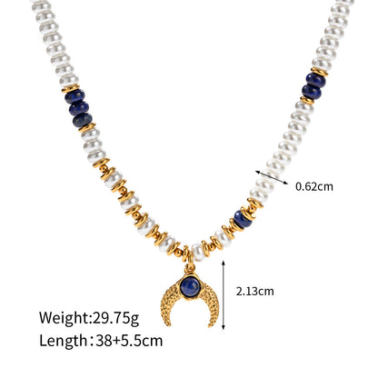 18K Gold Exquisite Fashion Pearl Lapis Lazuli Matching Moon Design Versatile Pendant Necklace