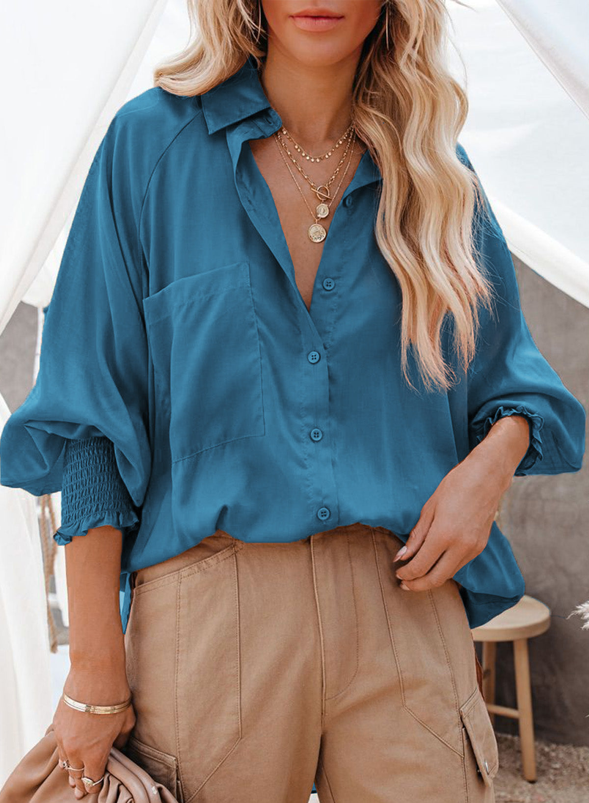 Blue Billowy Sleeves Pocketed Shirt