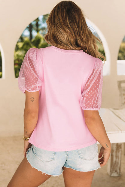 T-shirt à manches en maille à pois avec motif cerise en forme de cœur et nœud rose