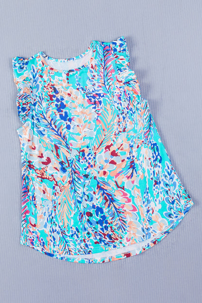 Light Blue Abstract Print Color Block Babydoll Boho Sleeveless Shirt with Ruffle