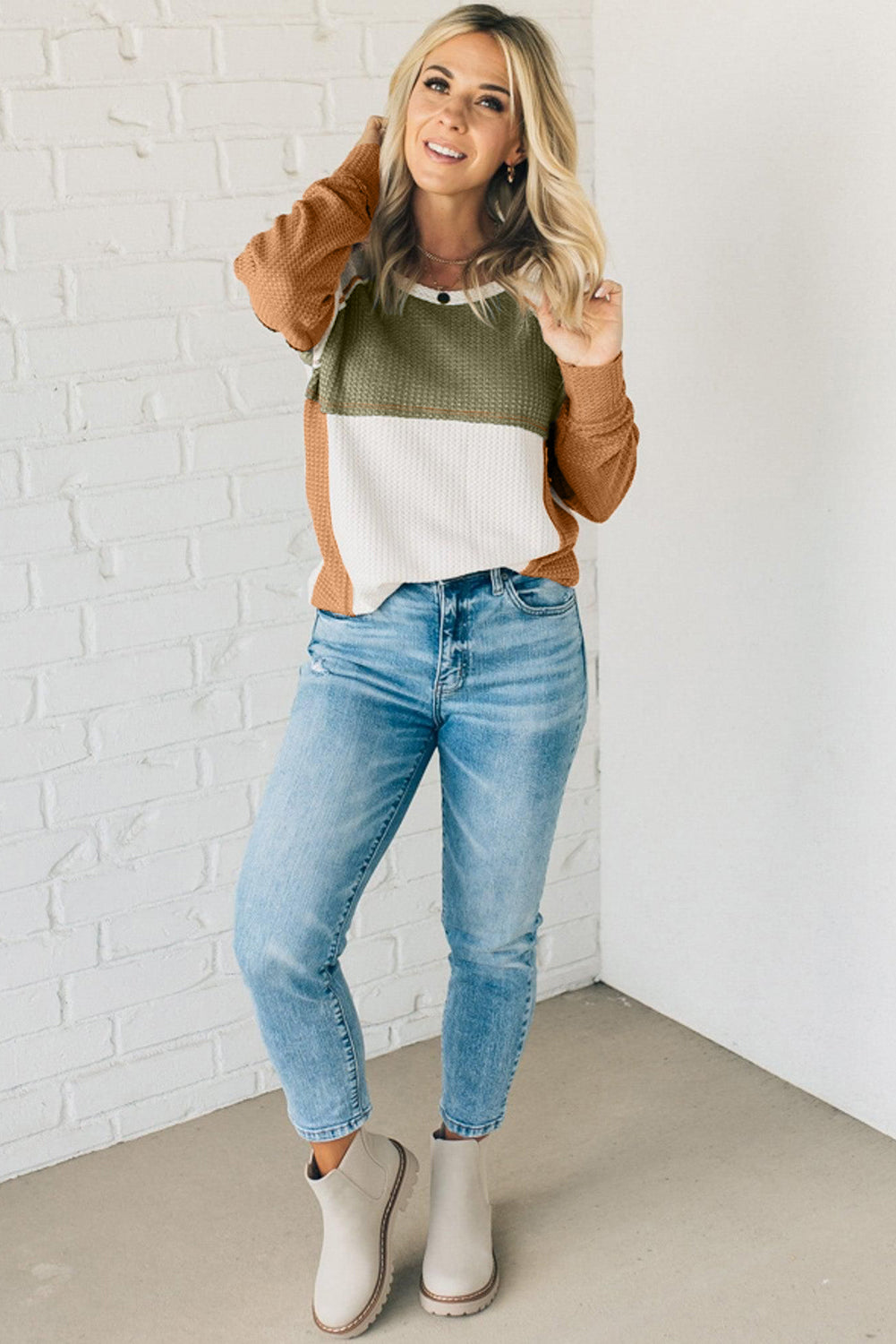 Green Waffle Knit Colorblock Patch Long Sleeve Top