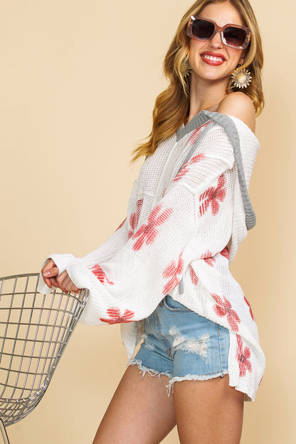 White Floral Print Oversized Knit Hooded Sweater