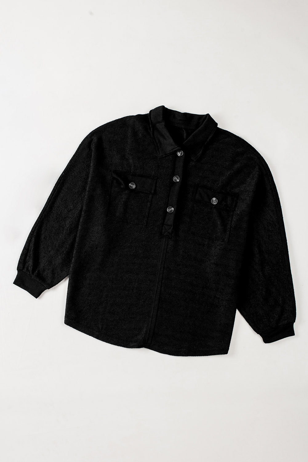 Black Polo Collar Buttoned Patchy Top with Pockets