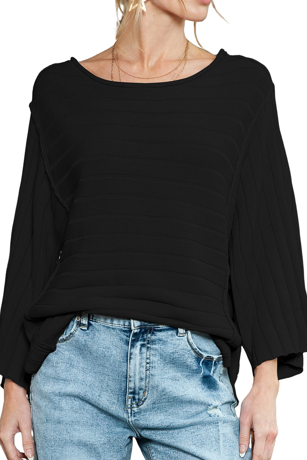 Black Ribbed Knit 3/4 Sleeve Dolman Sweater