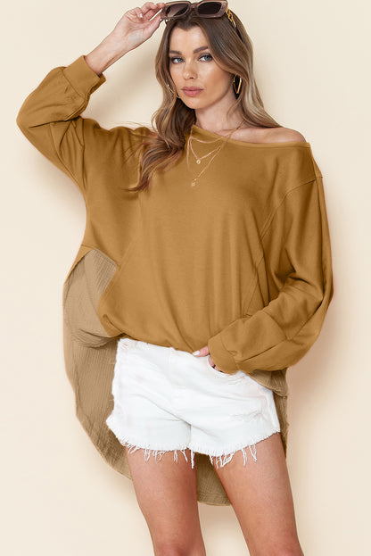 Khaki Crinkled Patchwork Raw Hem Oversized Blouse