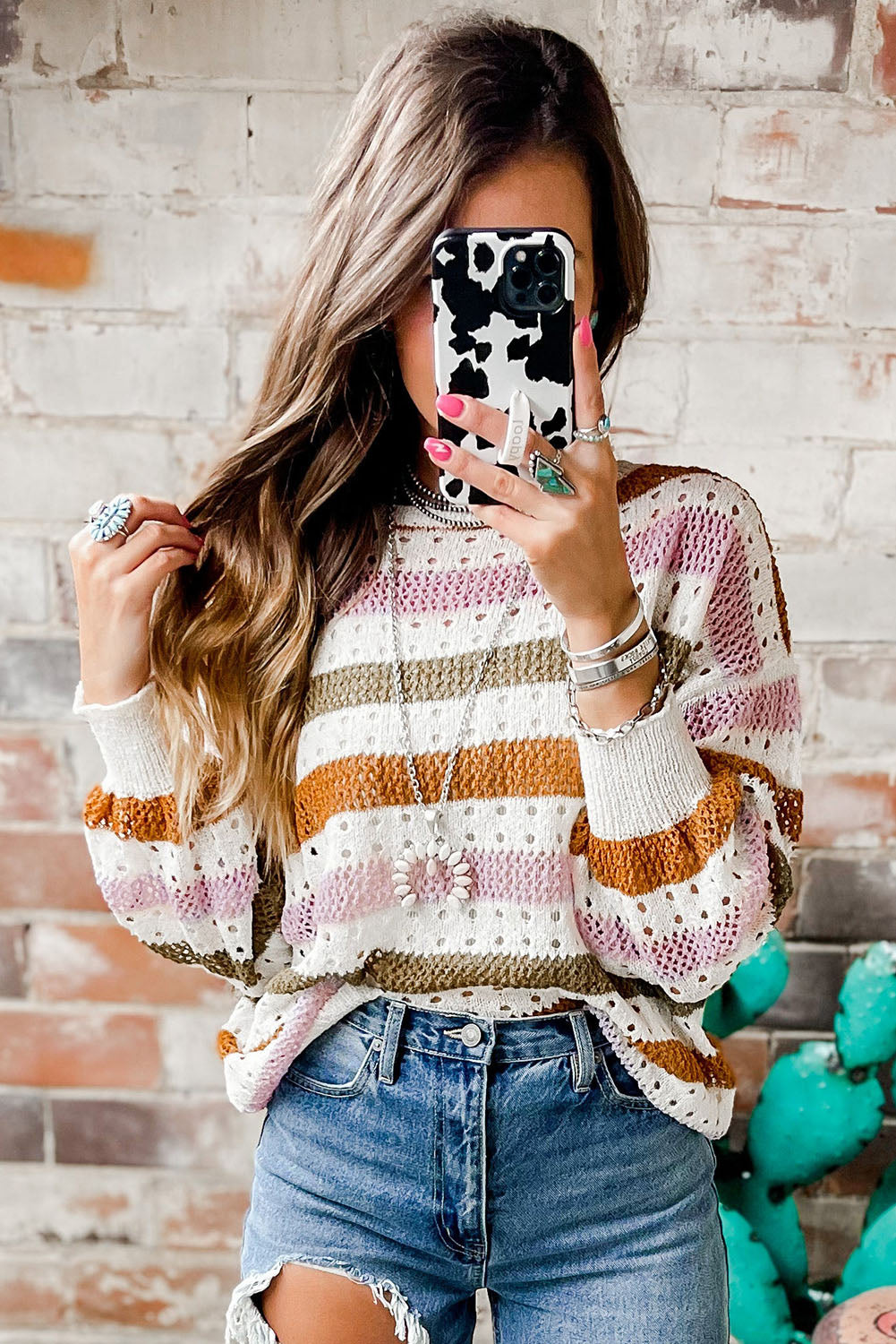 Multicolor Striped Hollowed Knitted Loose Sweater