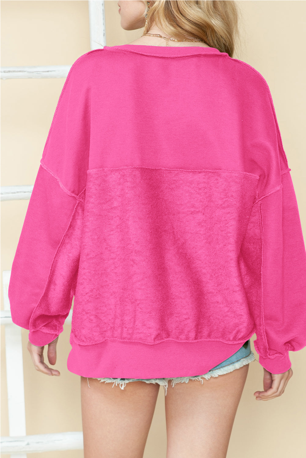 Sweat-shirt Henley ample à épaules tombantes rose vif