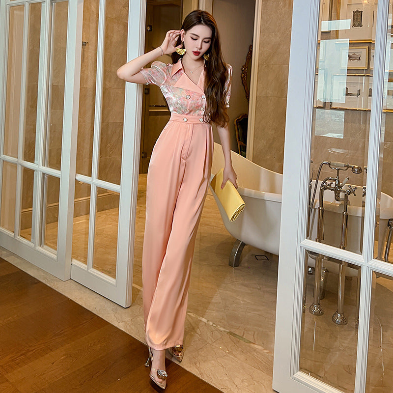 Women's Fashionable Suit Lapel Print Jumpsuit