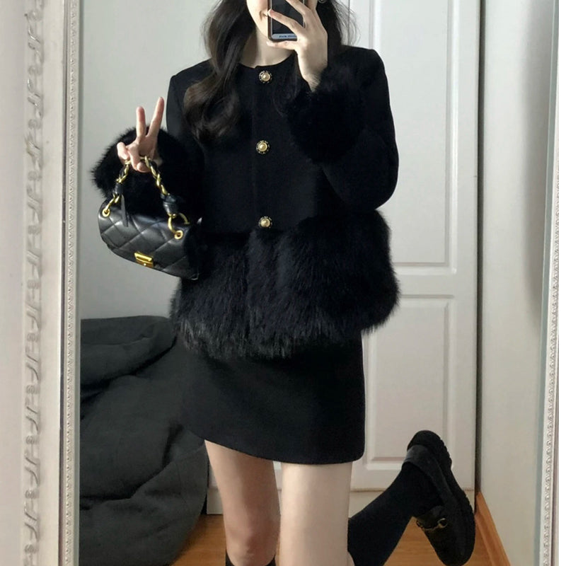 Black Heavy Industry Burr Patchwork Wool Short Coat Two-piece Overskirt Suit