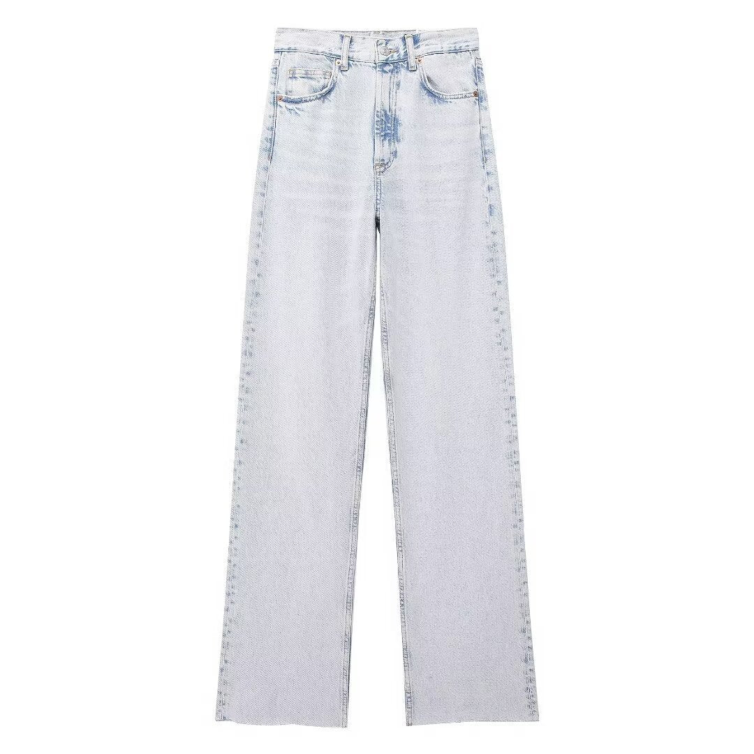 Pantalon en denim décontracté à taille haute et jambe large pour femme