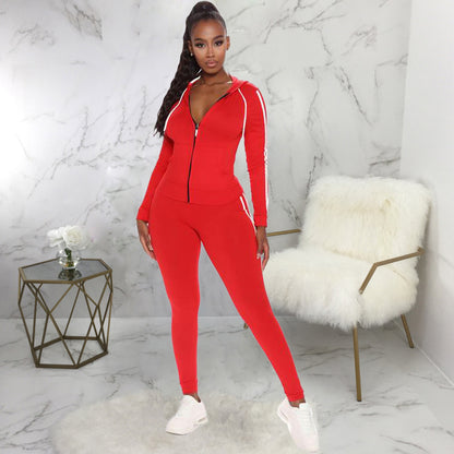 Fashion Color Contrast Zipper Hooded Sweater Trousers Sports And Leisure Suit