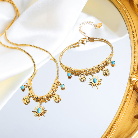 18K Gold Noble Atmosphere Tree of Life and Sun with Turquoise Design Bohemian Necklace Bracelet Set