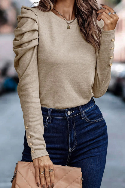 Khaki Plain Buttoned Puff Long Sleeve Sheath Top