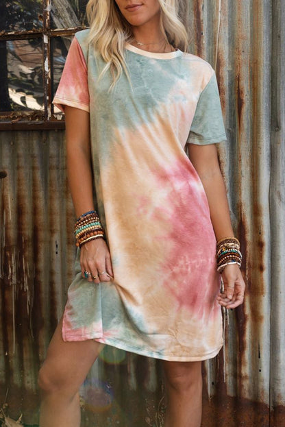 Wholesale Multicolor Tie Dye Short Sleeve T Shirt Dress