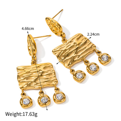 18K gold classic noble wood grain square plate with three zircon inlaid tassel pendant earrings